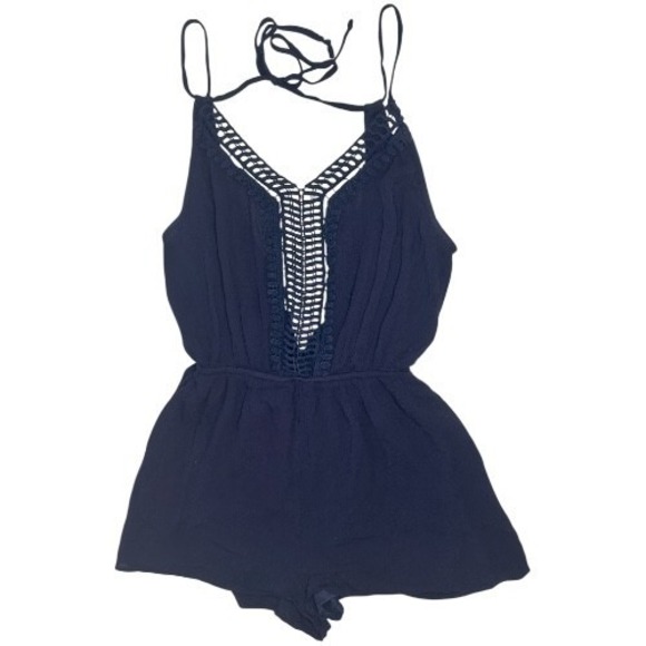 Pants - Navy Crochet Lace Trim Romper Women's XS Sleeveless V-Neck Summer One-Piece